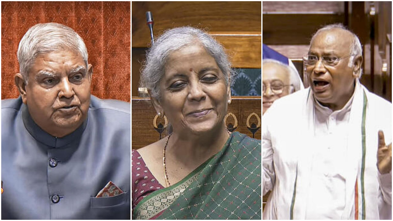 <div class="paragraphs"><p>From left: Jagdeep Dhankhar, Nirmala Sitharaman and Mallikarjun Kharge.</p></div>